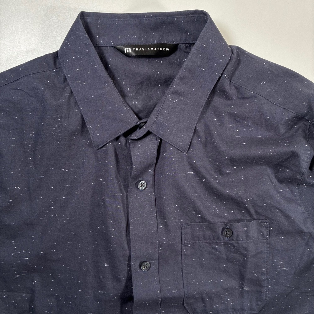 TravisMathew Shirt Medium Navy Blue Speckled Short Sleeve Button Up